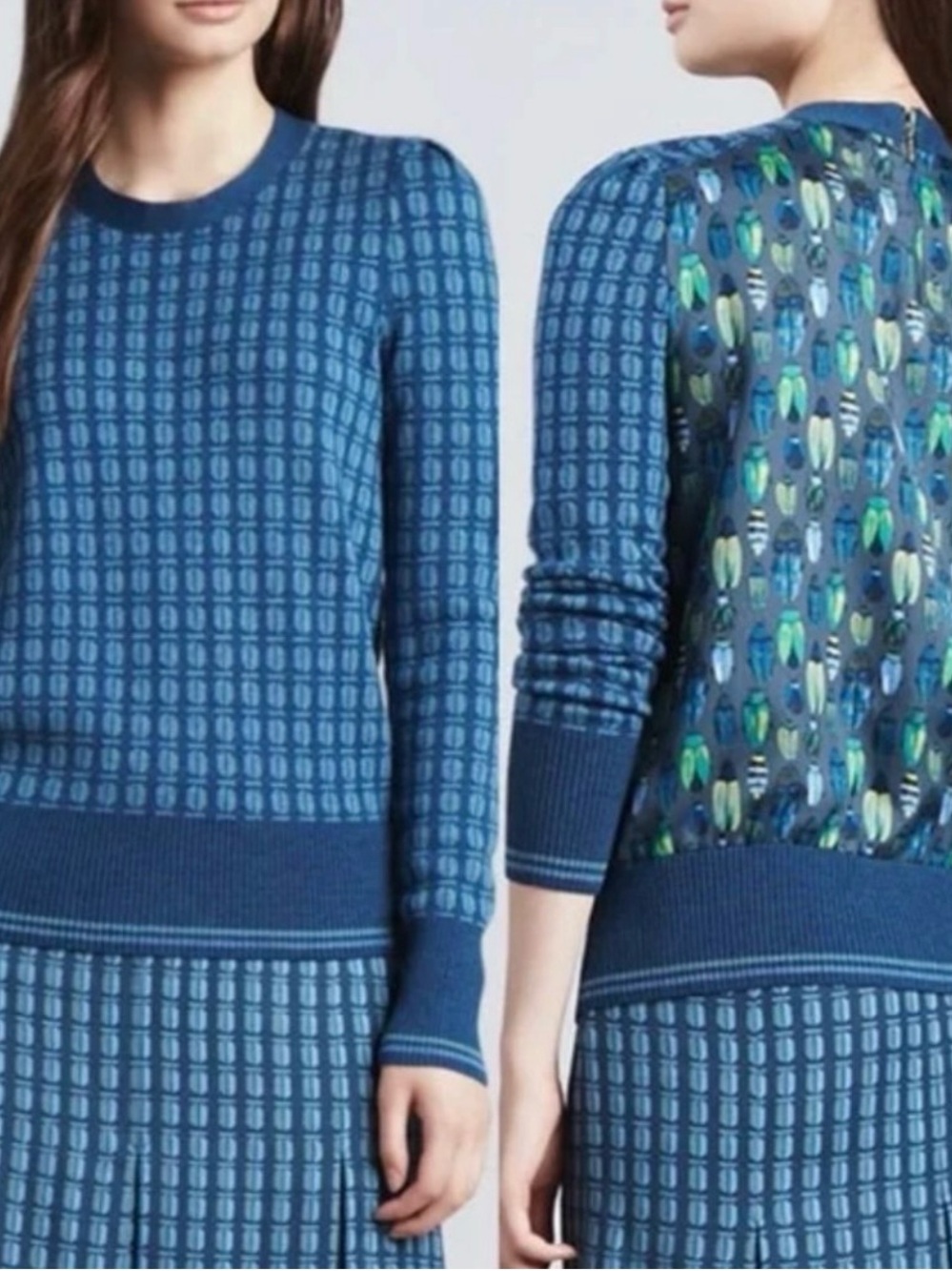 Tory Burch Runway Scarab Beetle merino wool silk blue green sweater rare